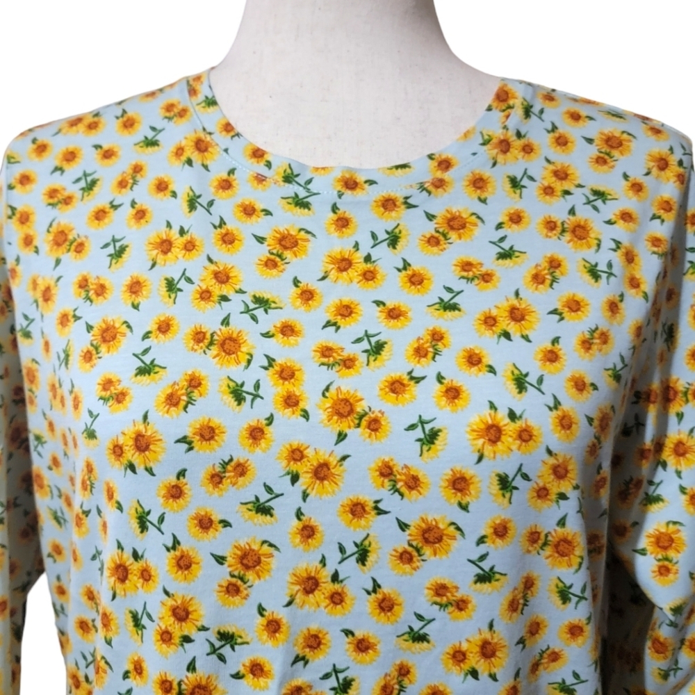 Land's End Aqua Breeze Sunflower Floral Print Cotton Long Sleeve Crew neck Top S